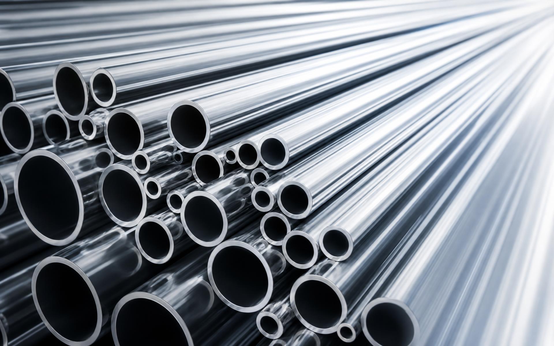 Stock massif de tubes inox SR2I : tubes droits de différents diamètres en perspective et en mouvement, brillants et lumineux